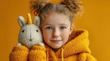 Child with freckled face and toy unicorn in cozy yellow sweater against bright orange background photo
