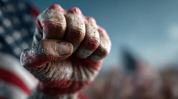 Fist raised in defiance with American flag in background during a patriotic rally photo
