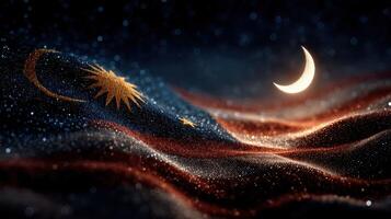 Waving Malaysian flag with crescent moon under starry night sky in a vibrant display of colors and patterns photo