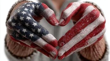 Hands painted with American flag create a heart shape, symbolizing love and patriotism in a creative expression photo