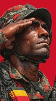 Soldier salutes with pride against a bold red backdrop during a ceremonial event in a military setting photo