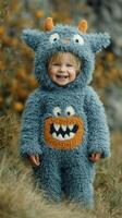 Child wearing a fluffy monster costume laughing in a natural setting during autumn photo