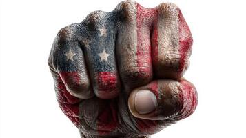 Strong fist painted with American flag patterns symbolizes unity and resilience during a powerful protest in a urban setting photo
