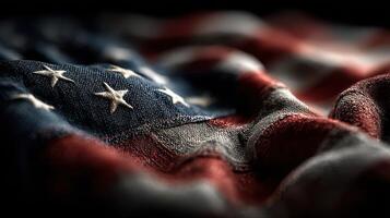 American flag draped in fabric with soft lighting highlighting the stars and stripes in a close-up view photo