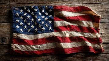 Faded American flag resting on rustic wooden surface, symbolizing history and patriotism photo