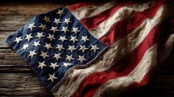 Worn American flag resting on rustic wooden surface, showcasing its rich colors and details photo