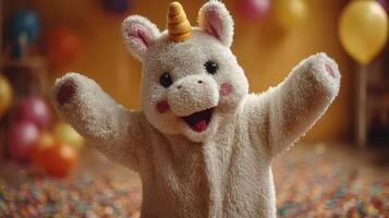 Soft unicorn costume brings joy during birthday celebration in a colorful party setting photo