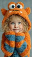 Young child in orange monster costume smiling warmly in a cozy indoor setting during autumn photo