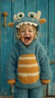 Child in blue monster costume laughing joyfully against a bright blue wooden background photo