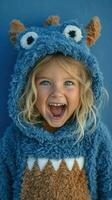 Child dressed in fluffy monster costume expresses joy against blue background photo