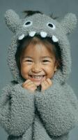Cheerful child in fuzzy animal costume smiles happily against a gray background photo