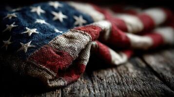Worn American flag draped on rustic wooden surface with vintage look showcasing patriotism and history photo