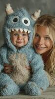 Mother and child sharing a joyful moment wearing a cozy monster costume in a softly lit indoor setting photo