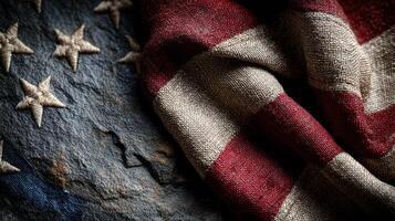 Visual representation of an aged American flag draped on a textured surface, highlighting the colors and textures, captured in warm lighting photo