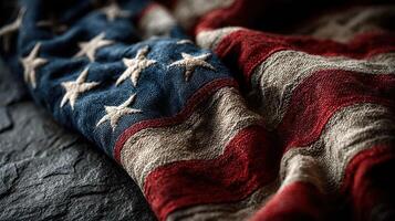 Worn American flag resting on dark stone surface during a peaceful moment photo