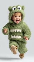 Child joyfully jumping while wearing a green fuzzy monster costume in a studio setting during daytime photo