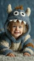 Cute child wearing monster hoodie smiles on a cozy carpet in a warm, inviting indoor setting during a sunny day photo