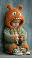 Cute toddler wearing an orange monster hoodie sits on the floor and plays with shoelaces in a cozy indoor setting photo
