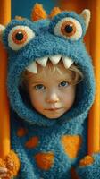 Child in monster costume plays on playground during sunny day, showcasing cheerful expression and vibrant colors photo