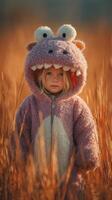 Child wearing monster costume stands in golden field during sunset, showcasing joy and imaginative play in nature's warm glow photo