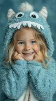 Child smiles joyfully in a fluffy blue costume during a cozy indoor setting in autumn photo