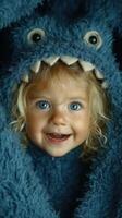 Child dressed in furry blue monster costume smiling brightly indoors during playful time photo