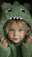 Child in green furry costume smiles warmly while posing indoors in natural light surrounded by soft colors and homey atmosphere photo