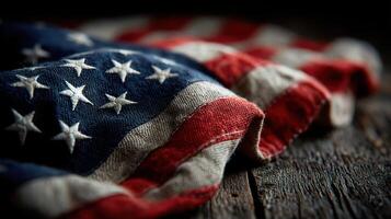 Old American flag draped on rustic wooden surface creates a timeless patriotic atmosphere photo