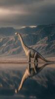 Large dinosaur stands near calm water with mountain backdrop during twilight photo