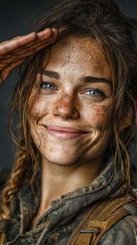 Smiling woman with freckles and messy hair showing confidence in a rugged setting photo