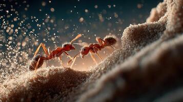 Ants working together to move sand and build their colony in a natural setting at dusk photo
