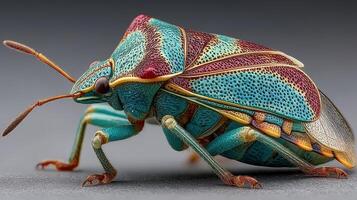 Colorful insect with intricate patterns observed in close-up during daylight in a natural setting photo