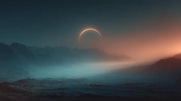 Stunning celestial event reveals a crescent sun over a mystical landscape at twilight photo