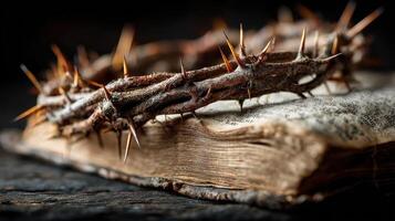 Symbol of faith and sacrifice resting on aged book with spines and thorns in dim light photo