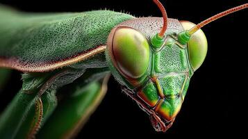 Detailed close-up of a colorful green mantis revealing intricate features in a dark background photo
