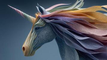 Colorful paper unicorn with flowing mane crafted from textured paper located in an imaginative art studio setting photo