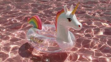 Colorful unicorn float rests in shimmering pool water on a sunny summer day photo