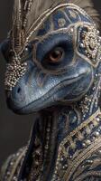 Intricate blue-scaled creature adorned in elaborate jewelry showcases unique cultural attire photo