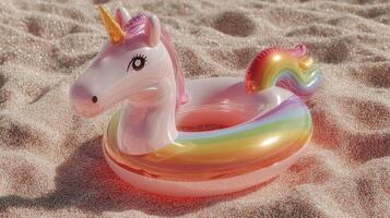Colorful unicorn pool float resting on sandy beach under bright sun during summer vacation photo