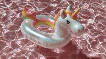 Colorful unicorn floaty drifting in a sparkling pool under bright sunlight during summer photo