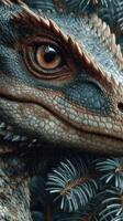 Detailed close-up of a dinosaur eye against a backdrop of evergreen foliage in a prehistoric landscape photo