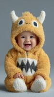 Baby in a fuzzy monster outfit smiles happily on a gray background during a playful indoor photoshoot photo
