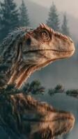 Realistic dinosaur emerges from misty forest near tranquil water during early morning hours photo