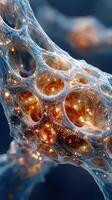 Intricate close-up of bioluminescent cells showcasing a captivating web of glowing structures photo