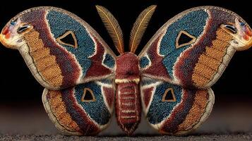 Vibrant giant moth captured in intricate detail showcasing colorful patterns during daylight hours in natural habitat photo