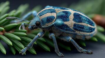 Vibrant blue beetle perched on green pine needles in a natural setting, showcasing intricate details and textures photo