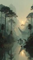 Majestic dinosaurs wandering through a misty prehistoric landscape at sunset near a tranquil river photo