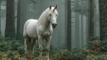 Majestic white unicorn standing majestically in a misty forest with tall trees during early morning light photo