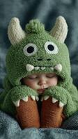 Cute baby in green monster outfit napping peacefully in cozy surroundings during winter season photo