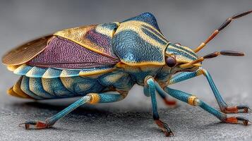 Brightly colored insect with intricate patterns crawling on a surface in a close-up view photo